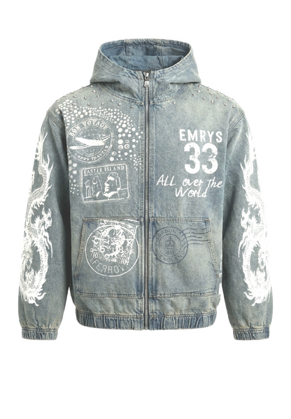 “ALL OVER THE WORLD” Denim Hoodie